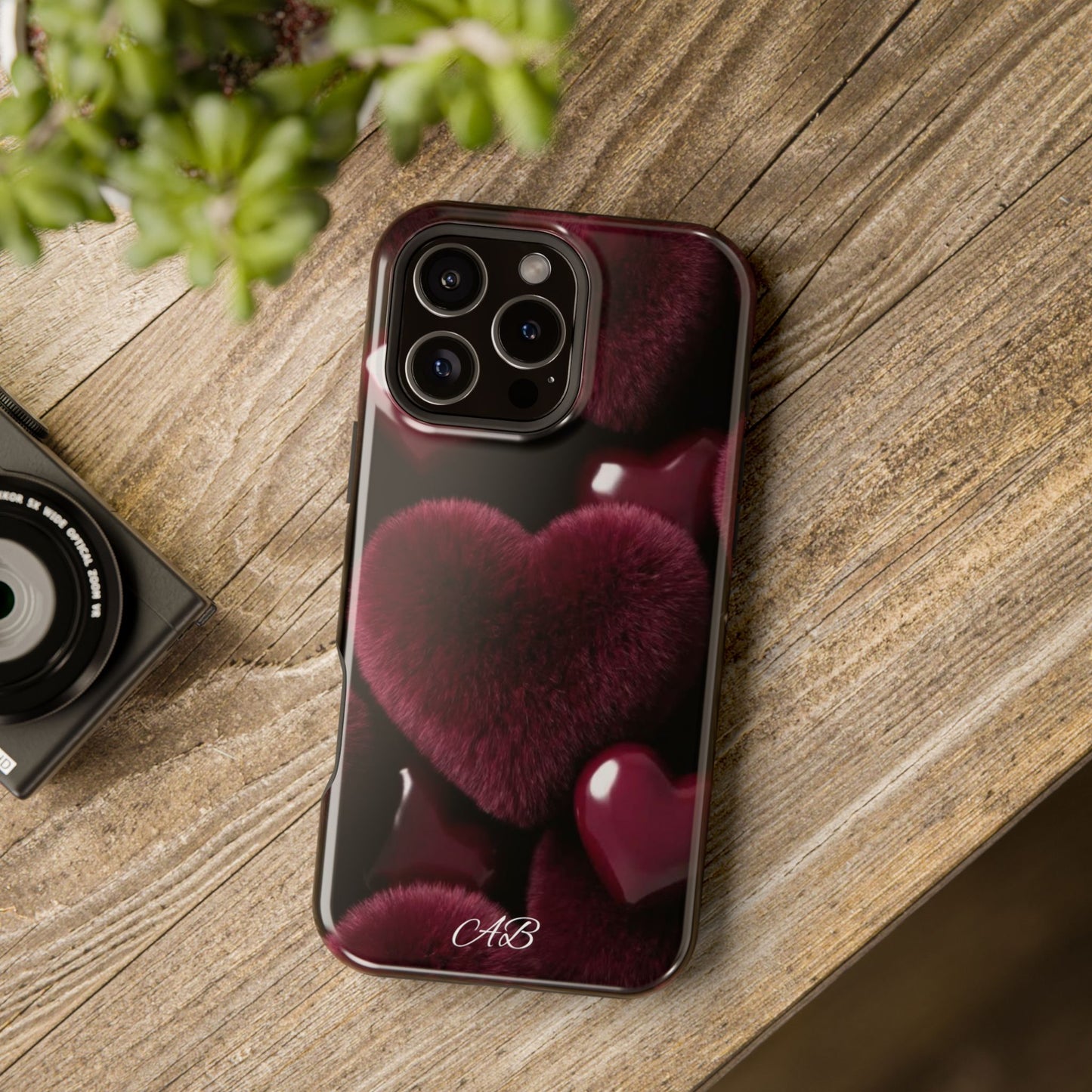 Magnetic Impact-Resistant Phone Case — Plush Burgundy Heart Design