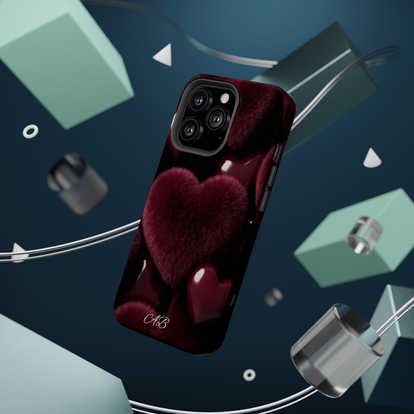 Magnetic Impact-Resistant Phone Case — Plush Burgundy Heart Design
