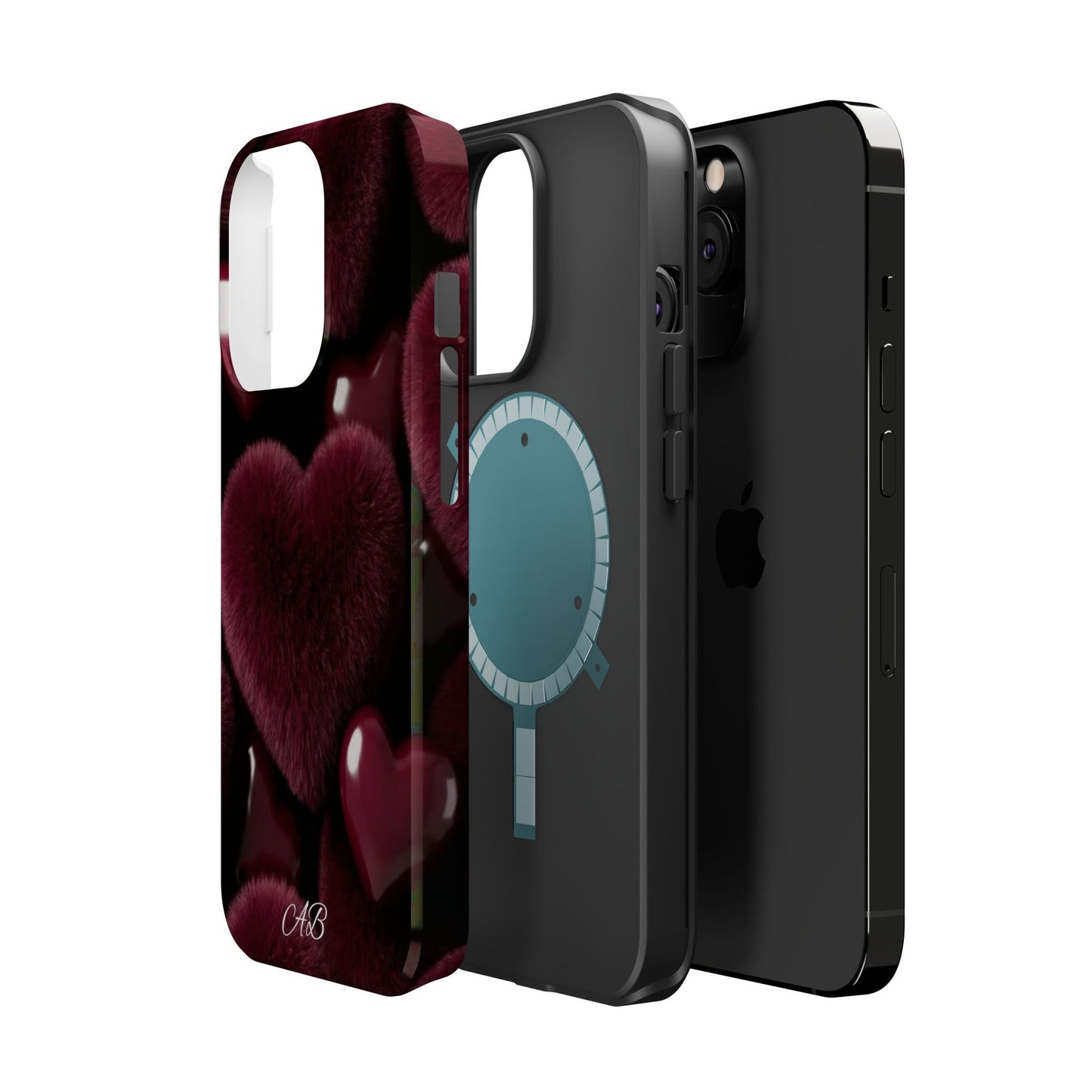 Magnetic Impact-Resistant Phone Case — Plush Burgundy Heart Design
