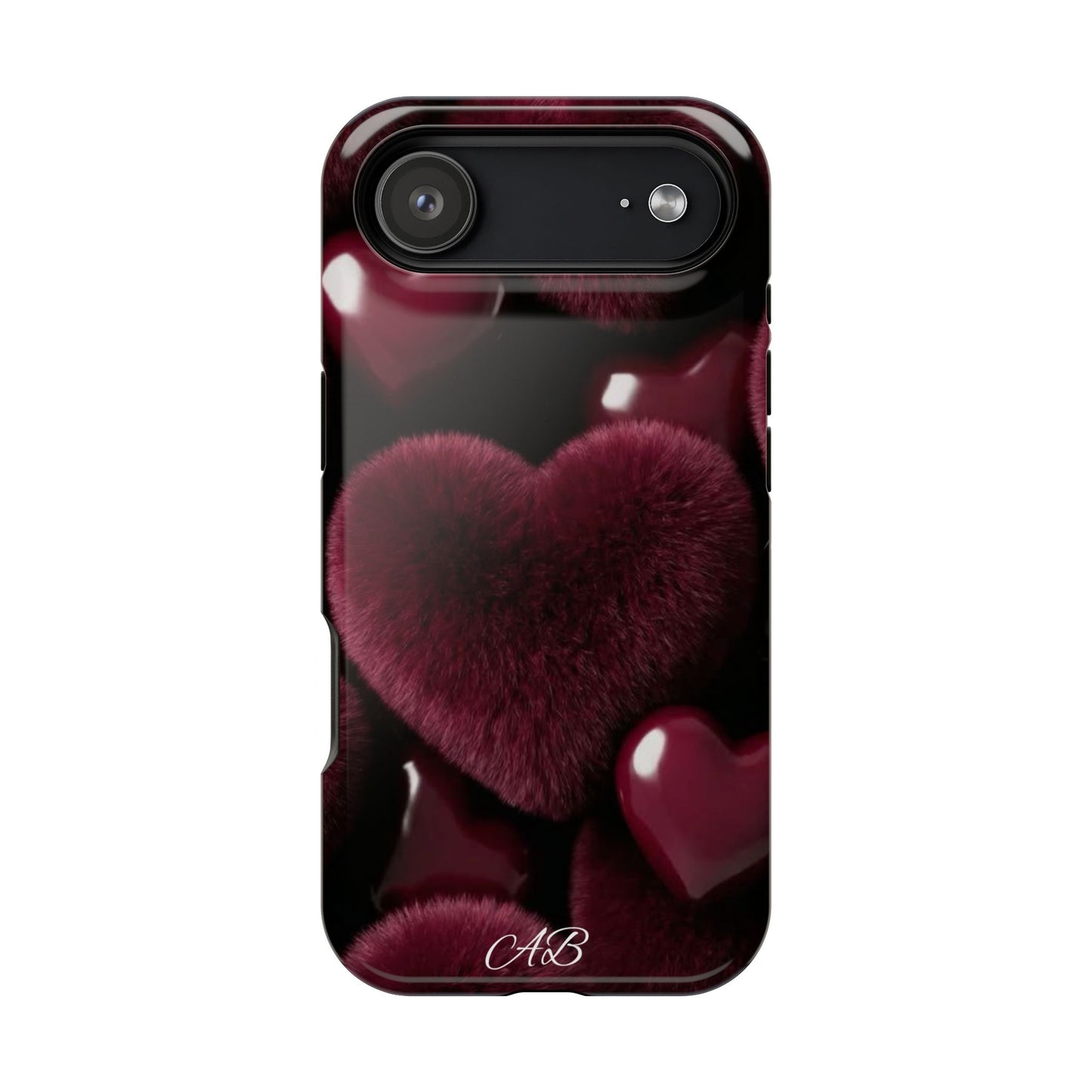 Magnetic Impact-Resistant Phone Case — Plush Burgundy Heart Design