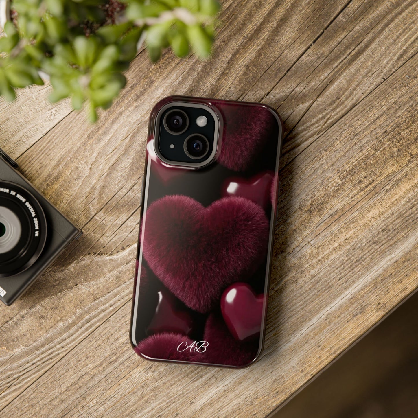 Magnetic Impact-Resistant Phone Case — Plush Burgundy Heart Design
