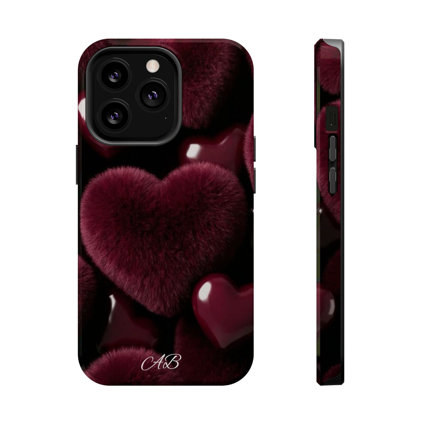 Magnetic Impact-Resistant Phone Case — Plush Burgundy Heart Design