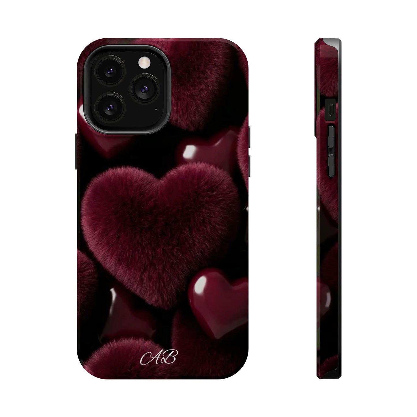 Magnetic Impact-Resistant Phone Case — Plush Burgundy Heart Design