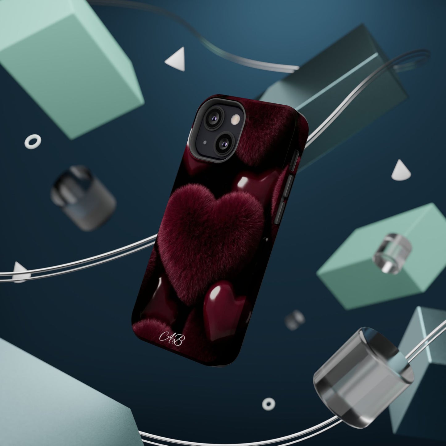 Magnetic Impact-Resistant Phone Case — Plush Burgundy Heart Design