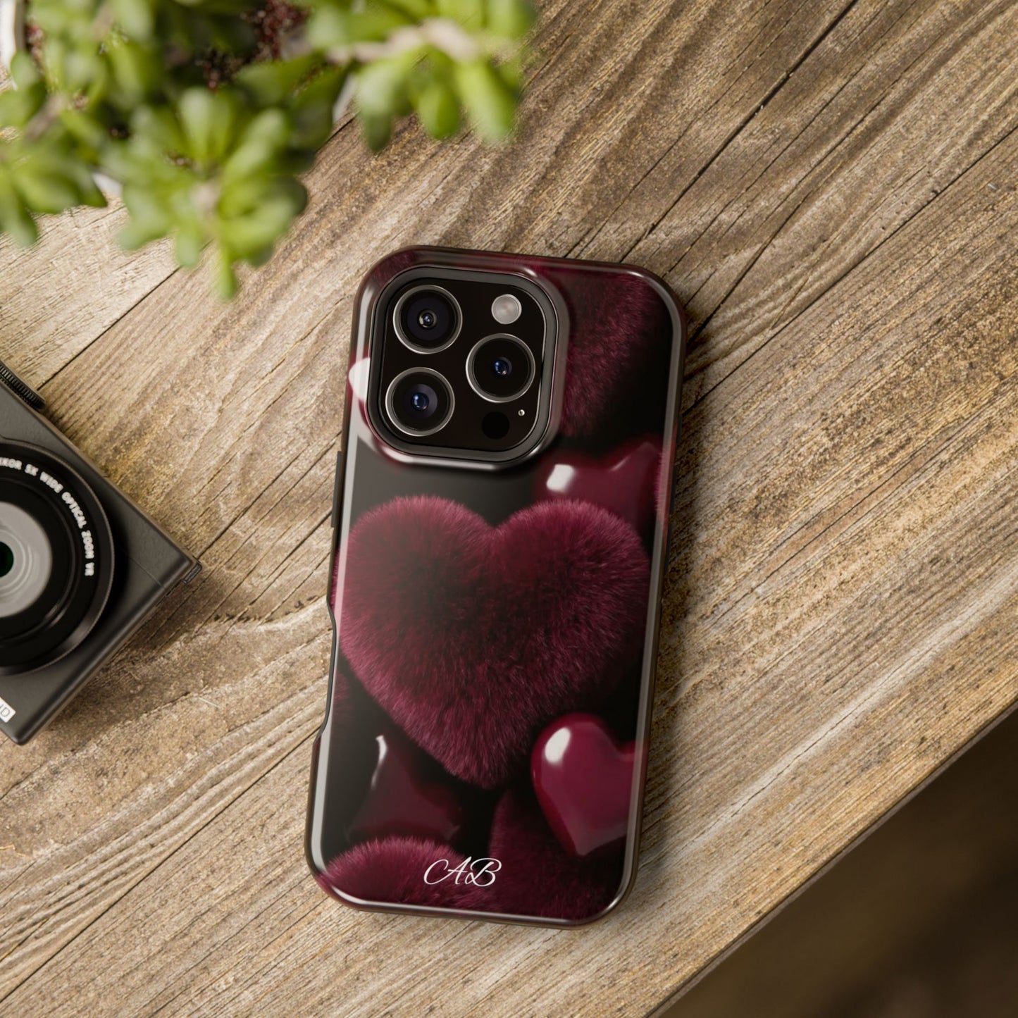 Magnetic Impact-Resistant Phone Case — Plush Burgundy Heart Design
