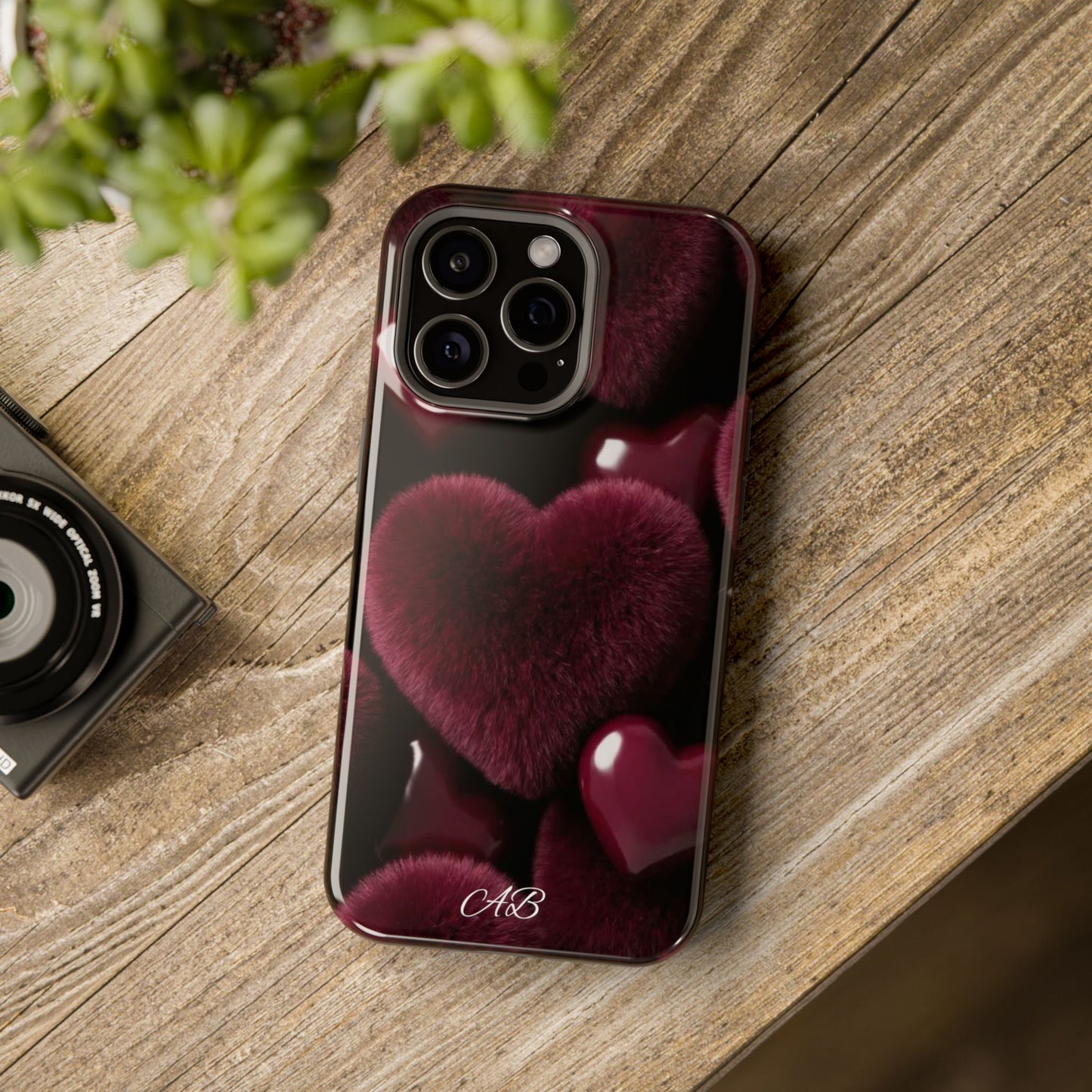 Magnetic Impact-Resistant Phone Case — Plush Burgundy Heart Design
