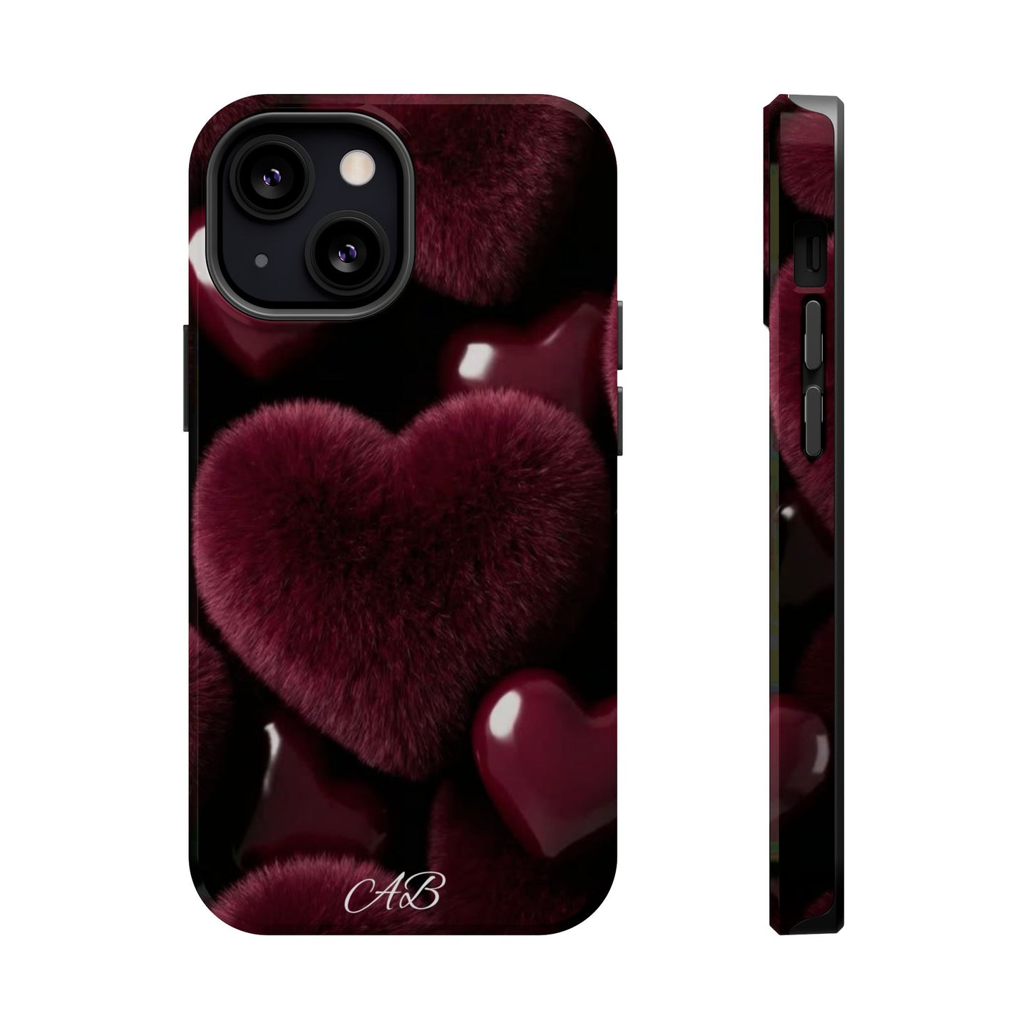 Magnetic Impact-Resistant Phone Case — Plush Burgundy Heart Design
