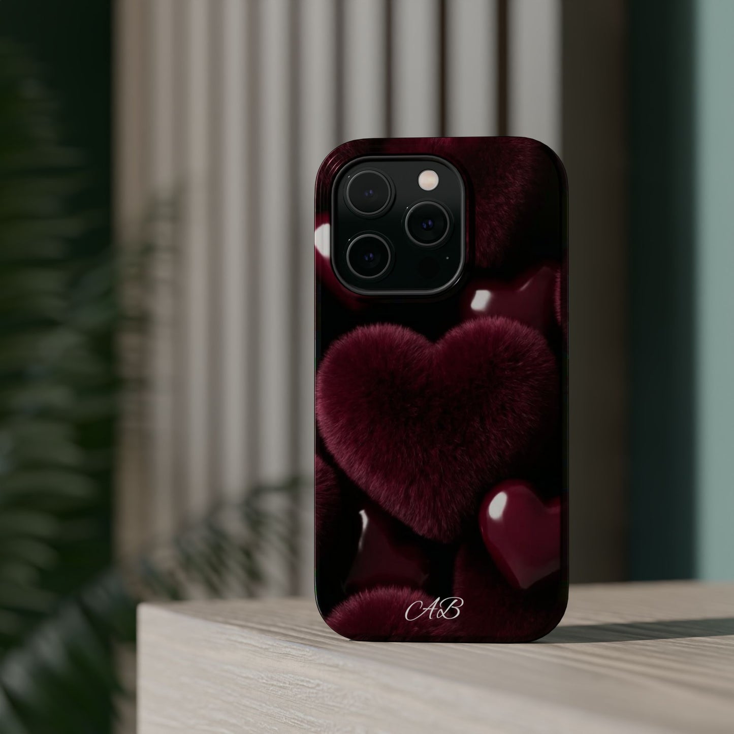 Magnetic Impact-Resistant Phone Case — Plush Burgundy Heart Design