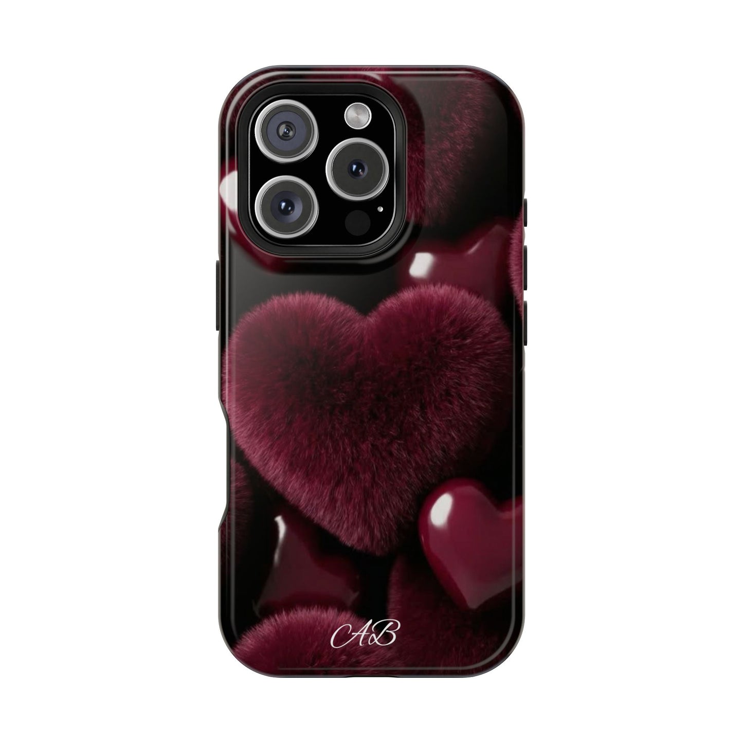 Magnetic Impact-Resistant Phone Case — Plush Burgundy Heart Design