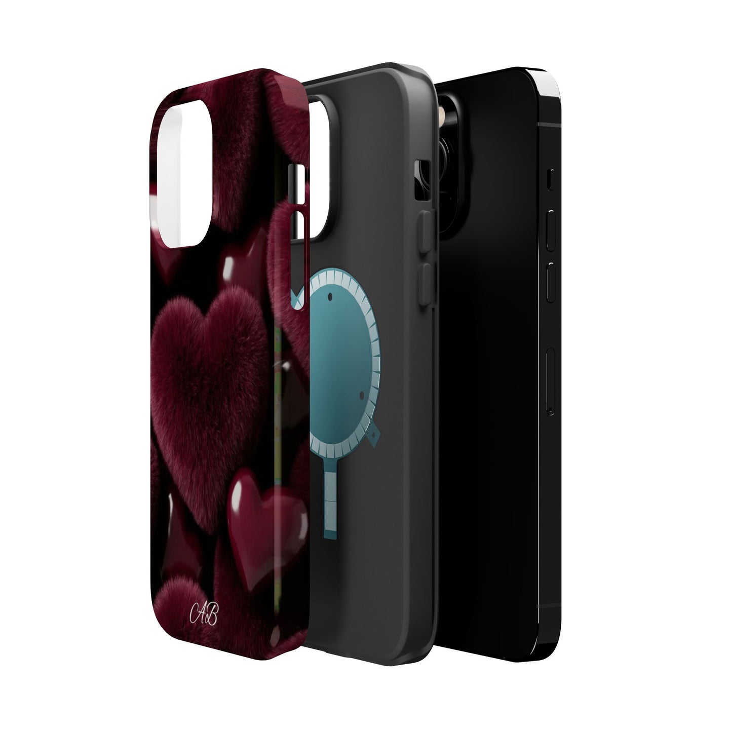 Magnetic Impact-Resistant Phone Case — Plush Burgundy Heart Design