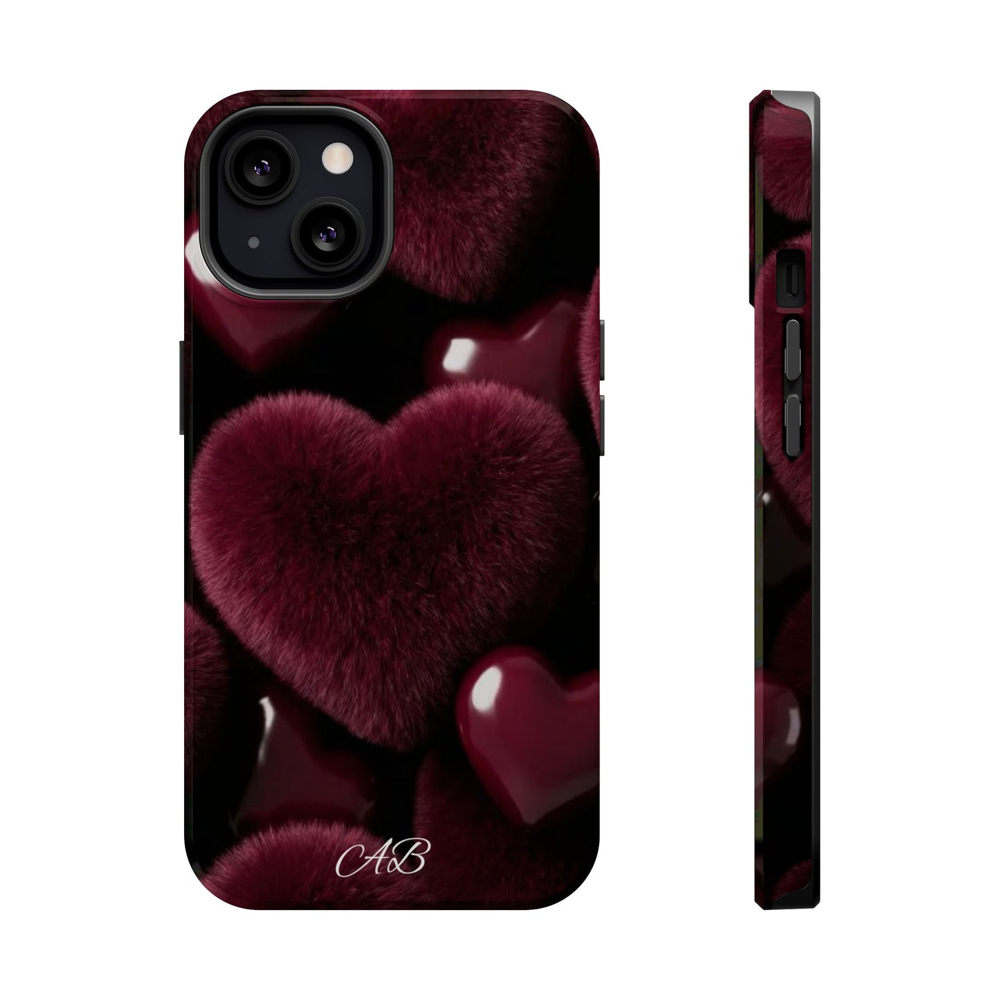 Magnetic Impact-Resistant Phone Case — Plush Burgundy Heart Design