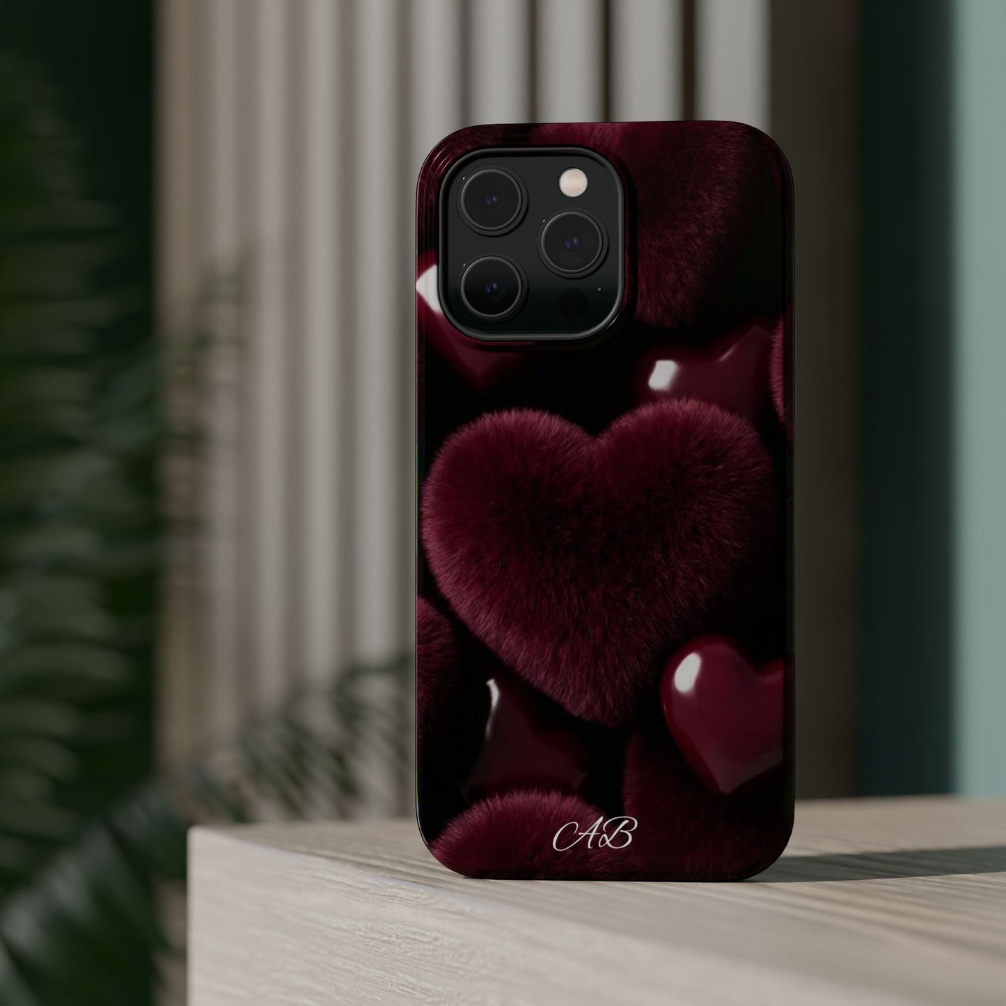 Magnetic Impact-Resistant Phone Case — Plush Burgundy Heart Design