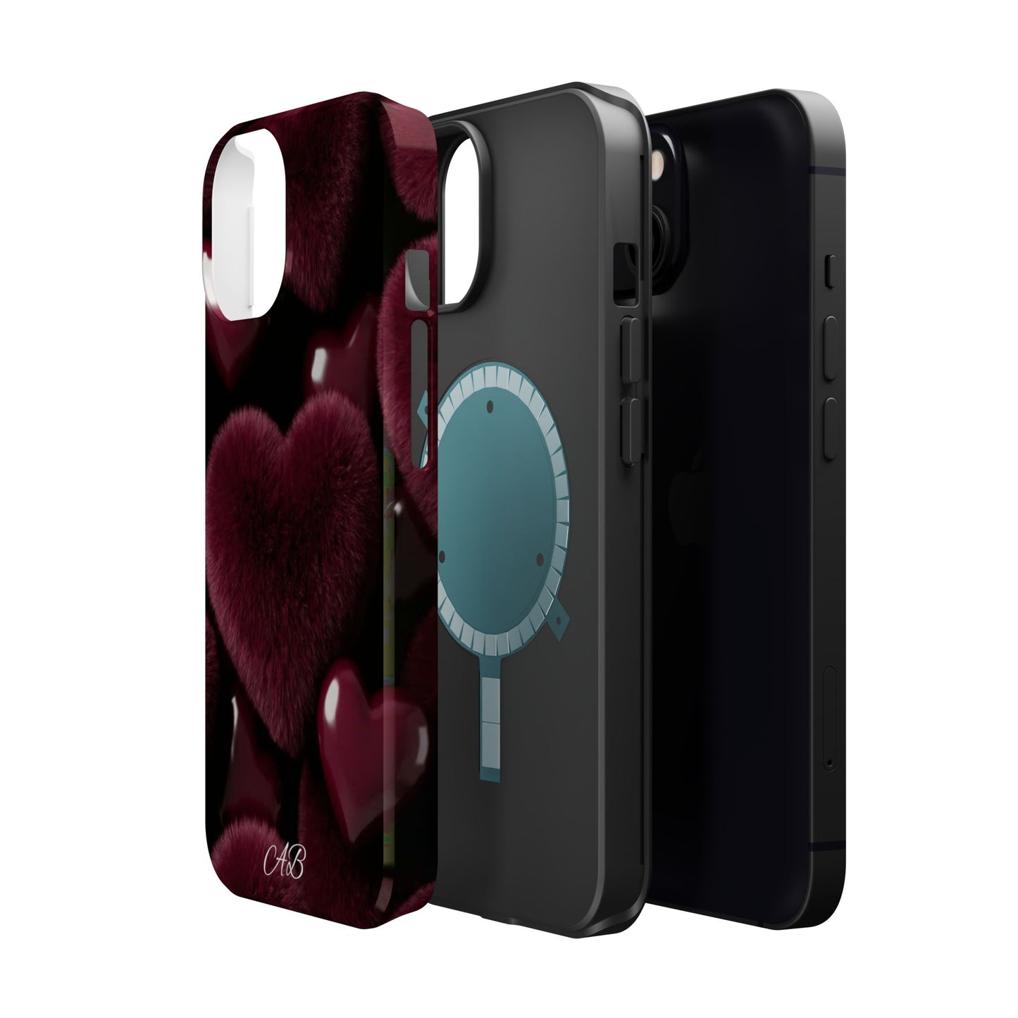 Magnetic Impact-Resistant Phone Case — Plush Burgundy Heart Design
