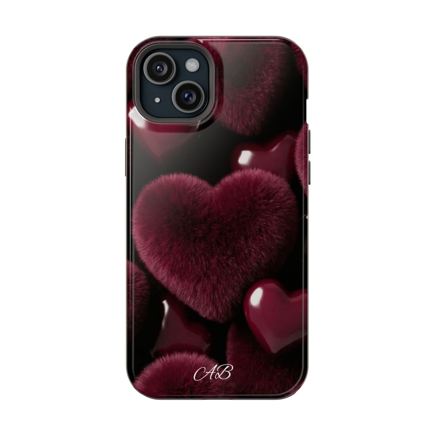 Magnetic Impact-Resistant Phone Case — Plush Burgundy Heart Design