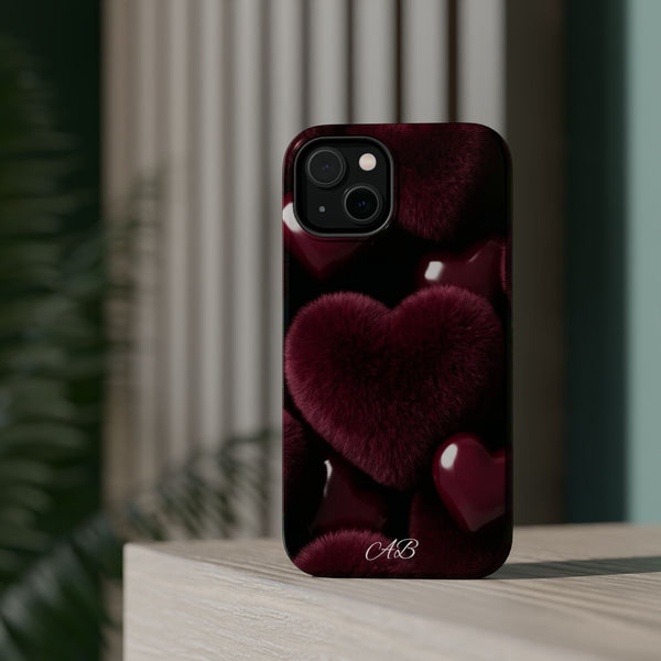 Magnetic Impact-Resistant Phone Case — Plush Burgundy Heart Design