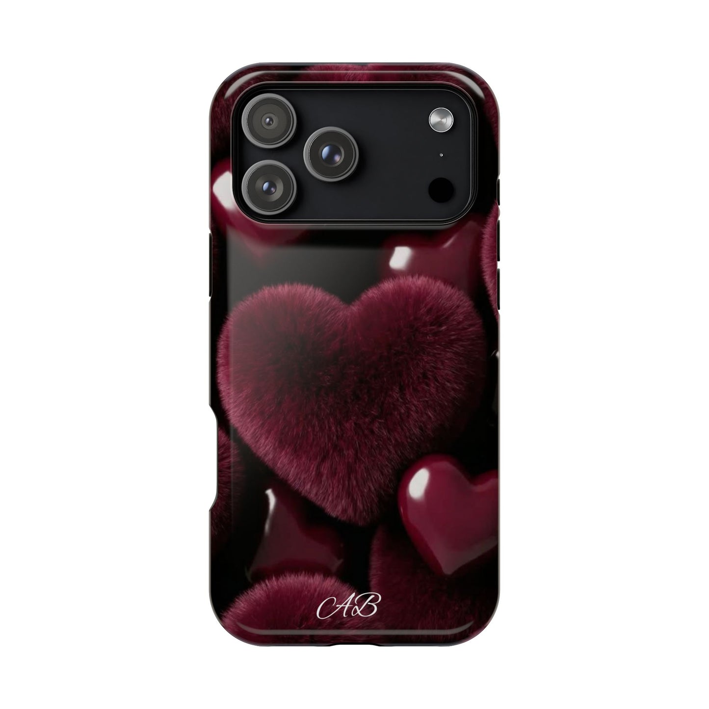 Magnetic Impact-Resistant Phone Case — Plush Burgundy Heart Design