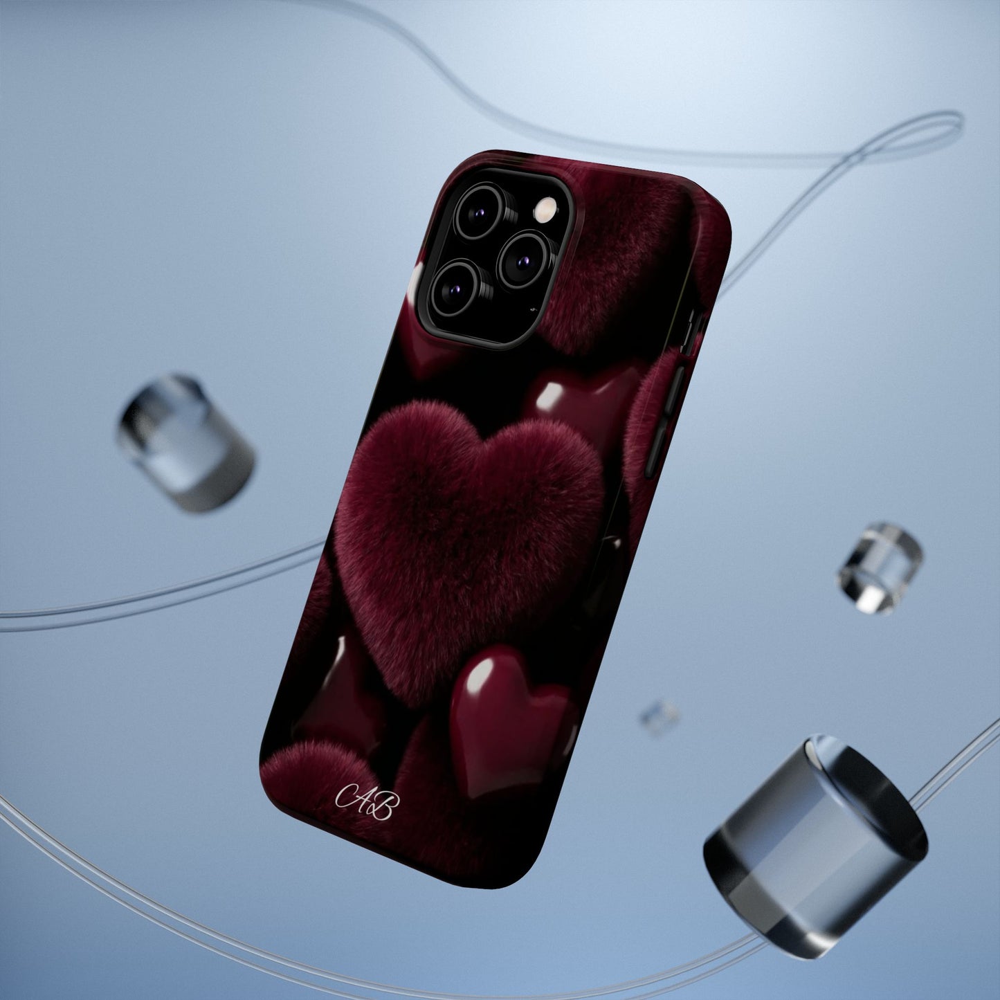 Magnetic Impact-Resistant Phone Case — Plush Burgundy Heart Design