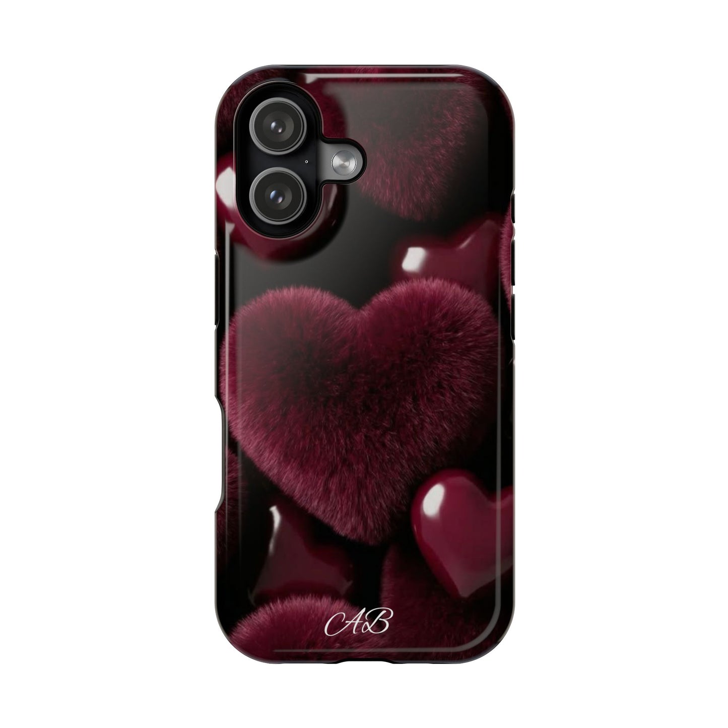Magnetic Impact-Resistant Phone Case — Plush Burgundy Heart Design