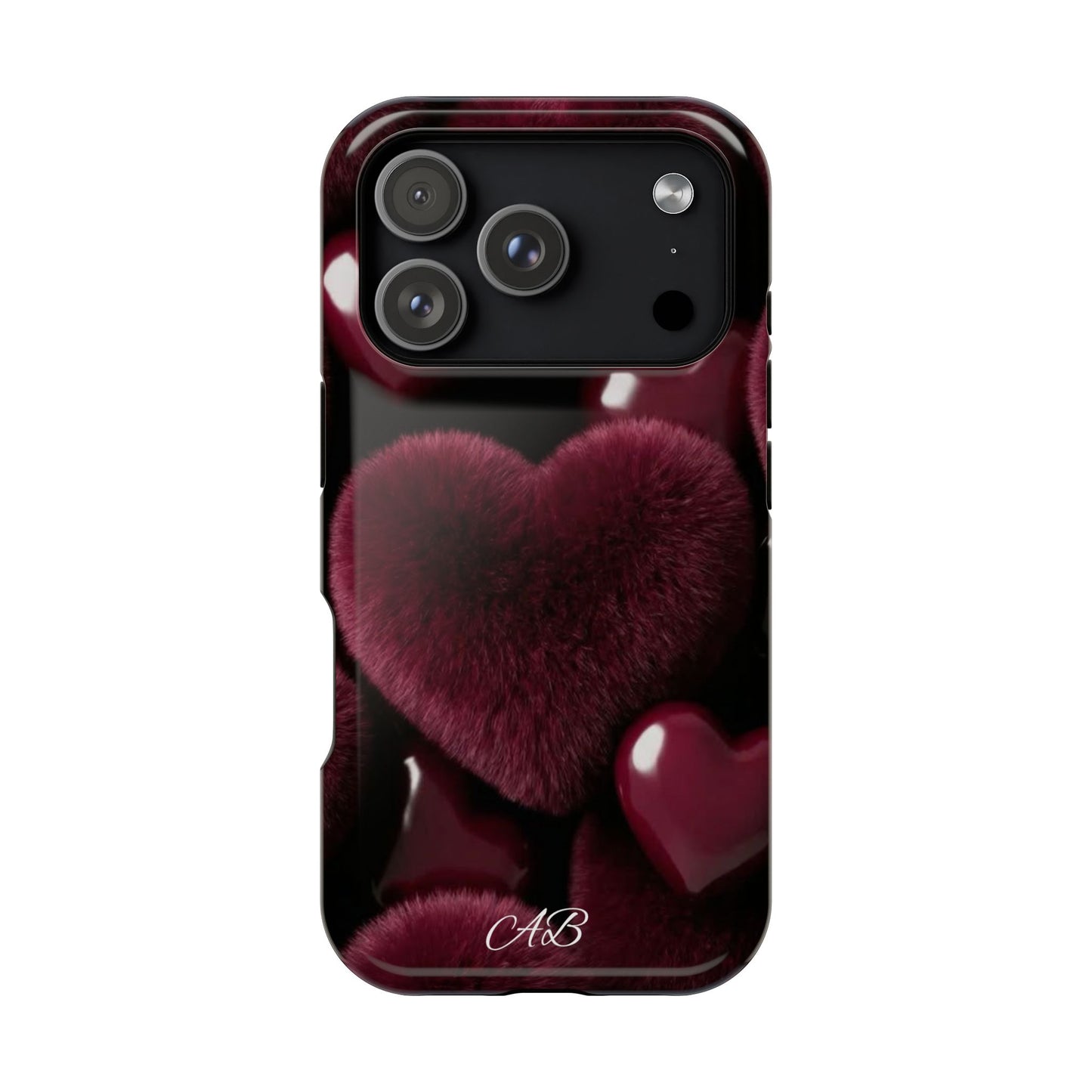 Magnetic Impact-Resistant Phone Case — Plush Burgundy Heart Design