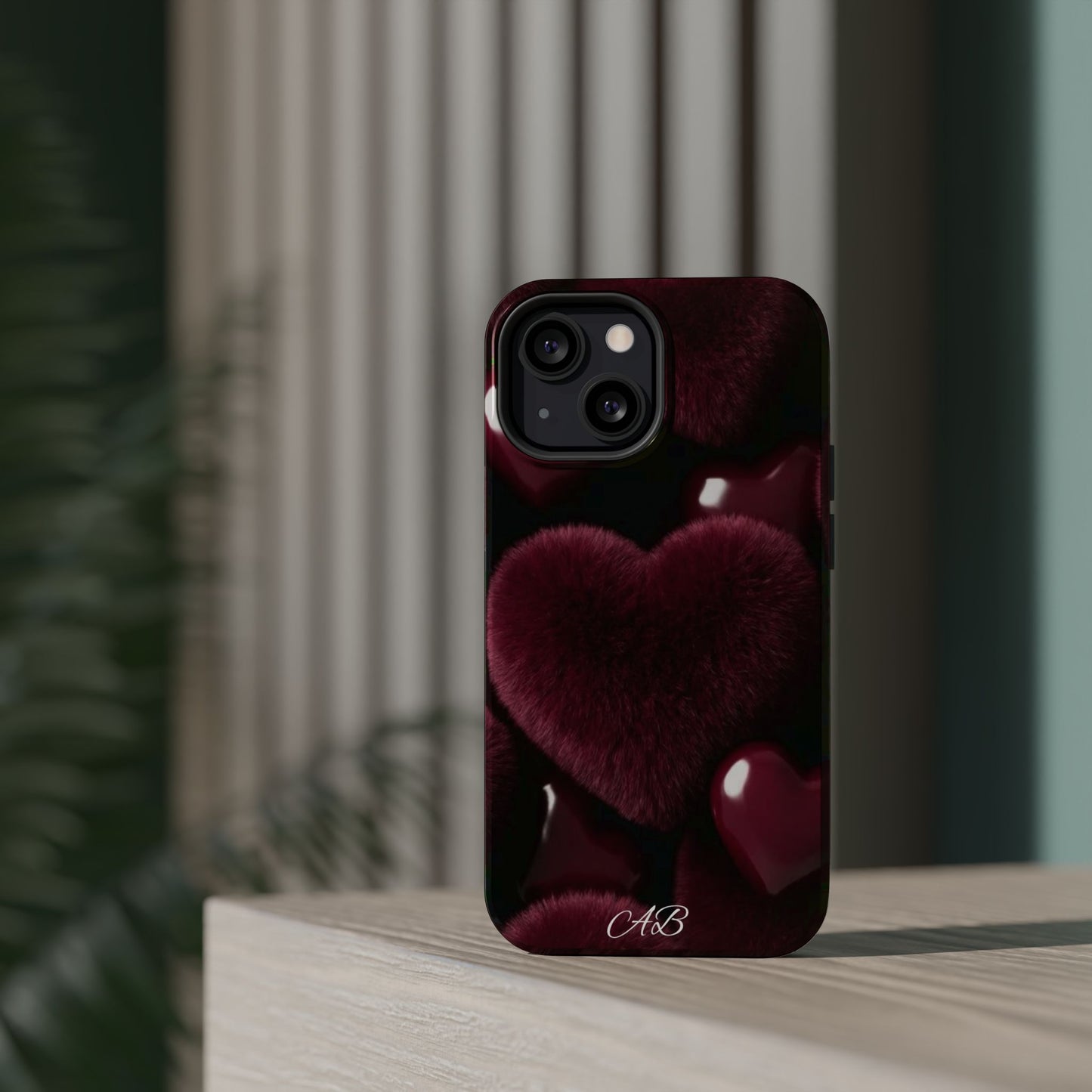 Magnetic Impact-Resistant Phone Case — Plush Burgundy Heart Design