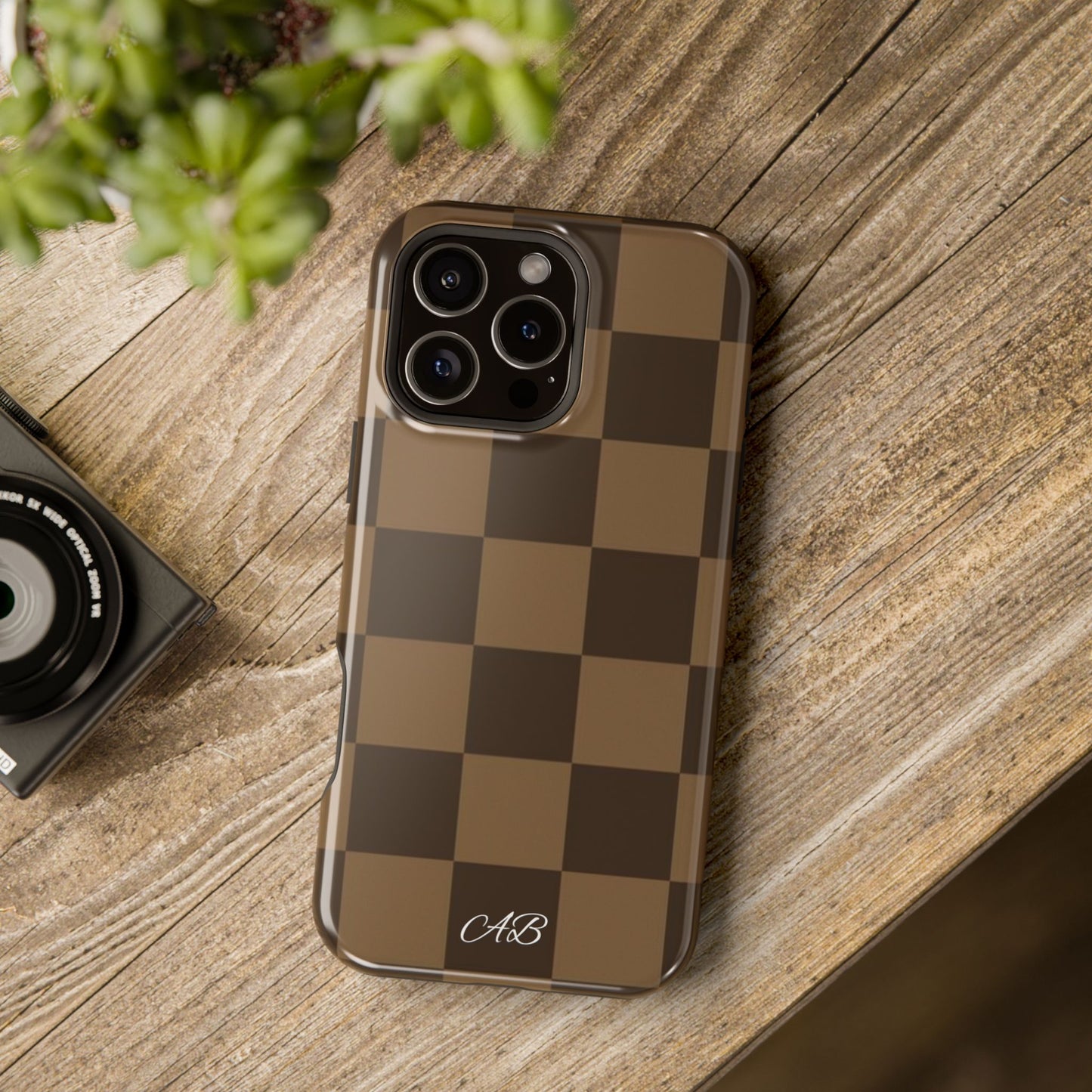 Brown Checkered Magnetic Impact-Resistant Phone Case