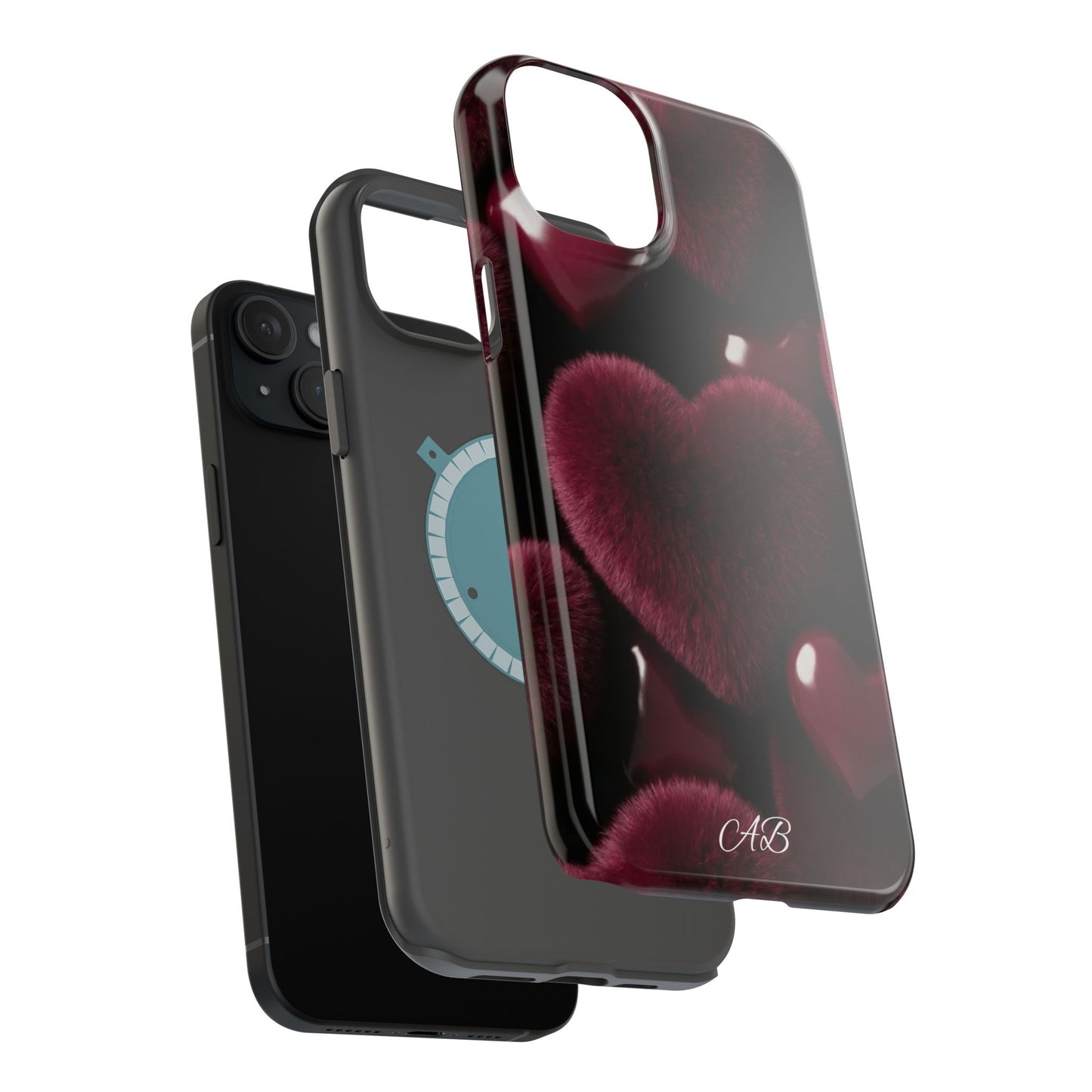 Magnetic Impact-Resistant Phone Case — Plush Burgundy Heart Design