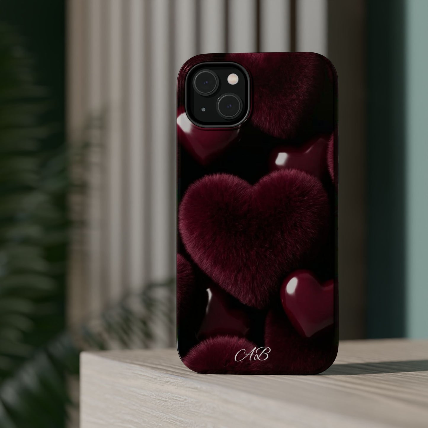 Magnetic Impact-Resistant Phone Case — Plush Burgundy Heart Design